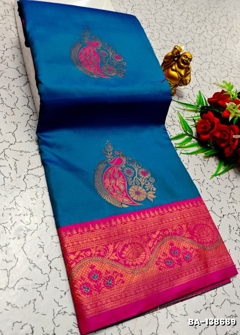 Premium Meena work Soft Silk Saree weddings, festivals, traditional Wear - BLUE COLOUR (2)
