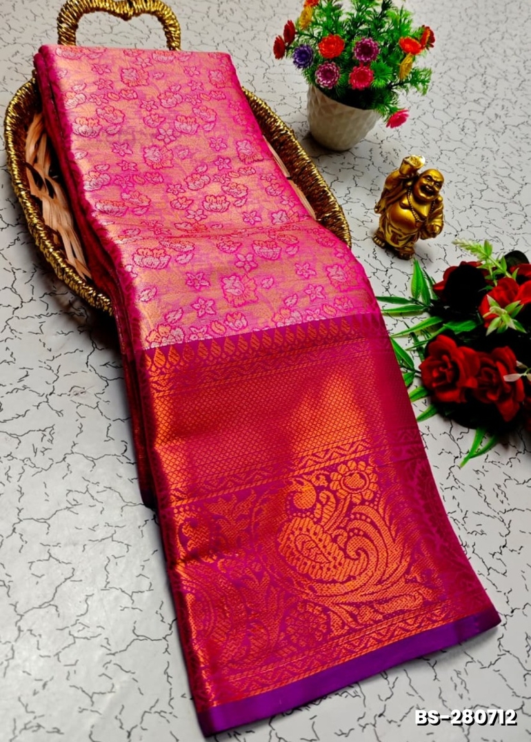 Premium Bridal Tissue Silk Saree with Intricate Zari Weave - PINK (2)