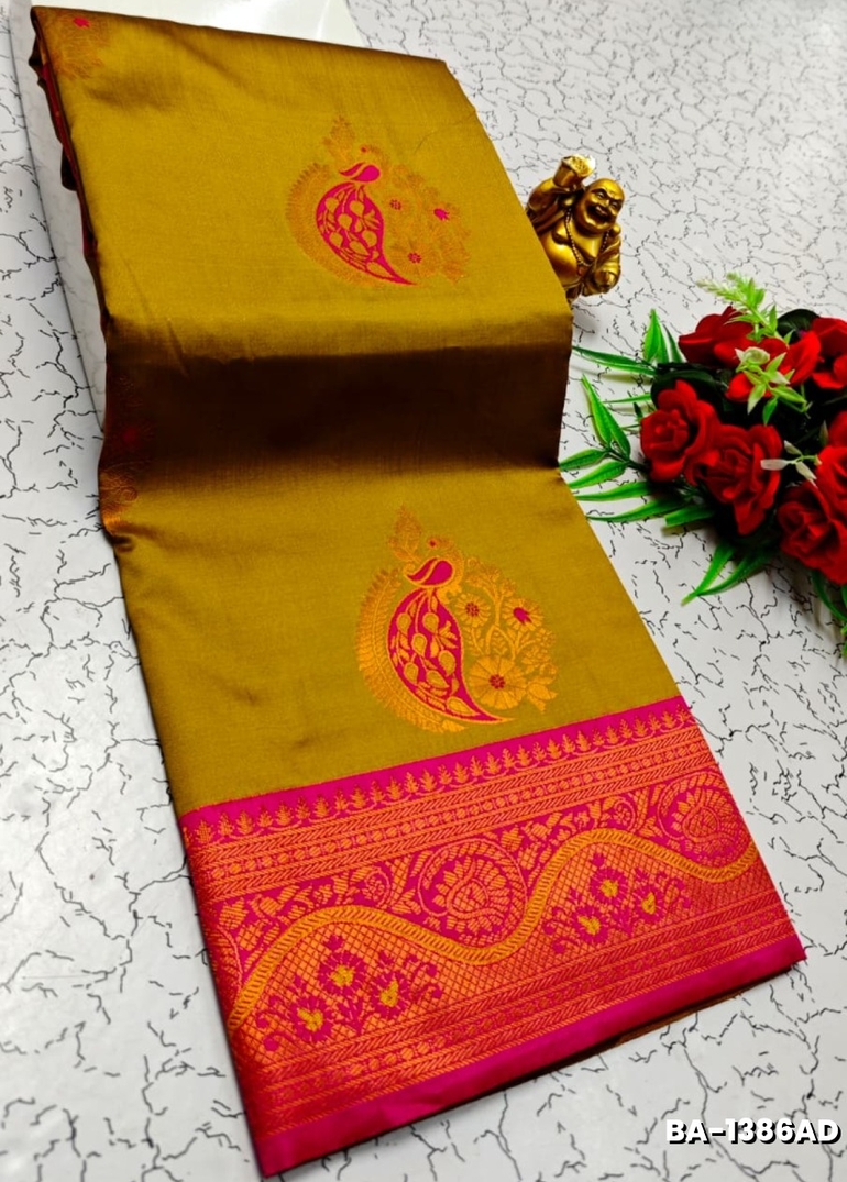Premium Meena work Soft Silk Saree weddings, festivals, traditional Wear - DARK GOLD