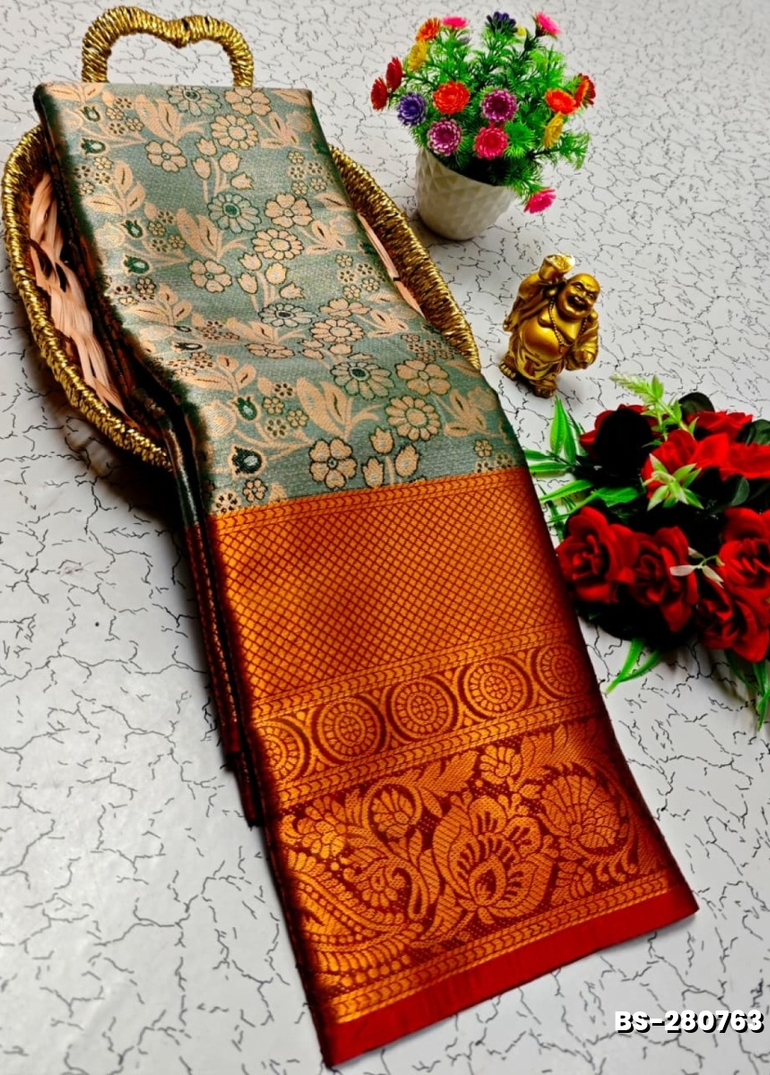 Premium Bridal Tissue Silk Saree with Intricate Zari Weave- GREEN COLOUR (1)