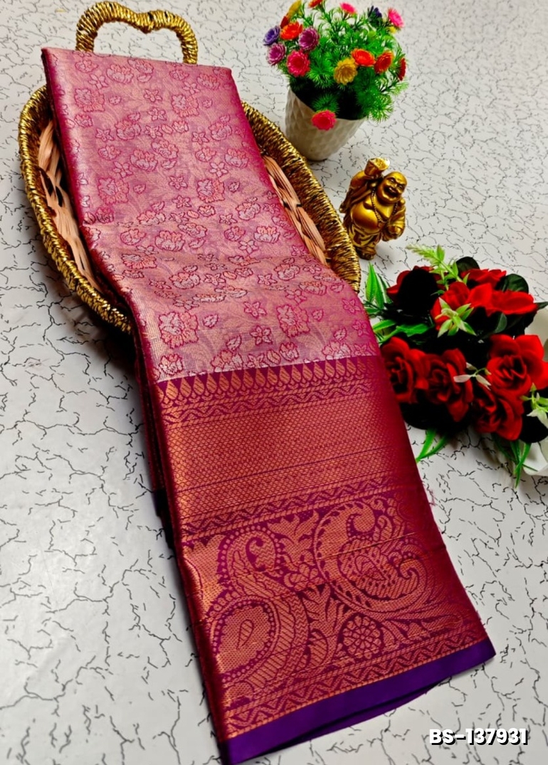 Premium Bridal Tissue Silk Saree with Intricate Zari Weave- DARK PINK (1)