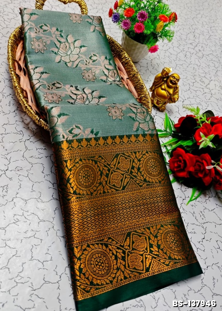Premium Bridal Tissue Silk Saree with Intricate Zari Weave - LIGHT GREEN SHADE (2)