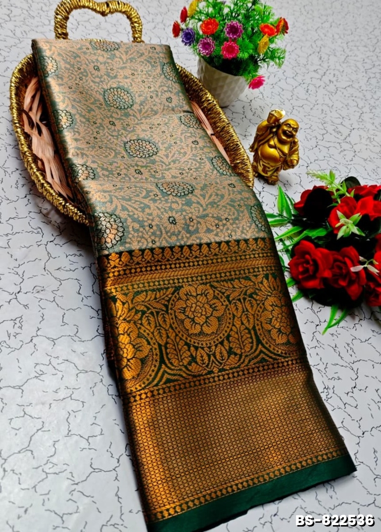 Premium Bridal Tissue Silk Saree with Intricate Zari Weave - BOTTLE GREEN (1)