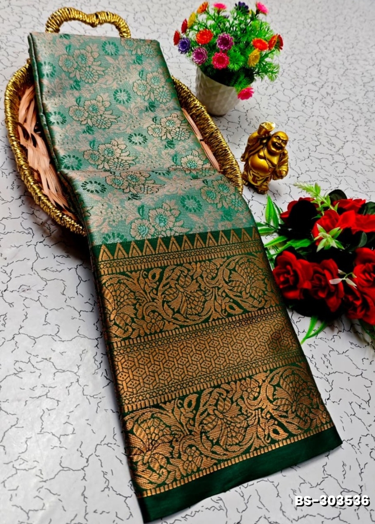 Premium Bridal Tissue Silk Saree with Intricate Zari Weave - BOTTLE GREEN