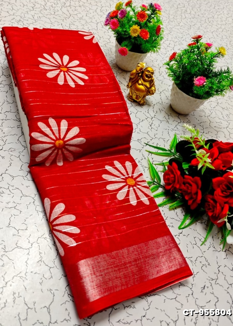 Traditional linen cotton saree comfort meets traditional flower design - RED