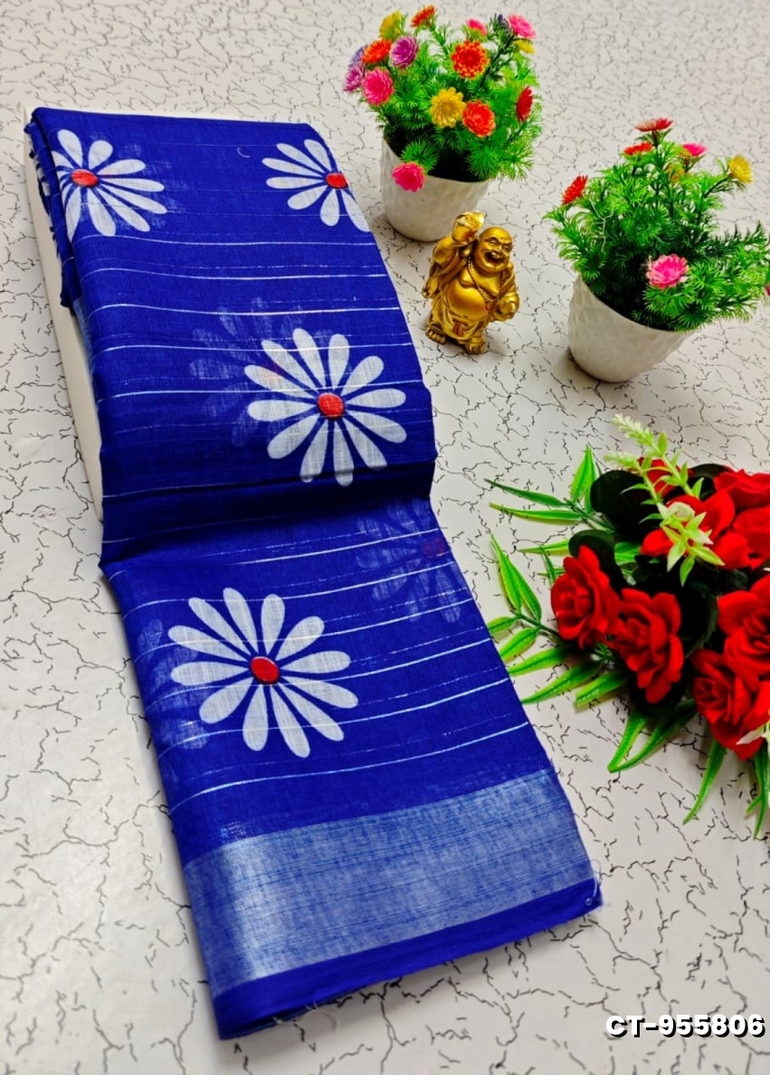 Traditional linen cotton saree comfort meets traditional flower design - ROYAL BLUE