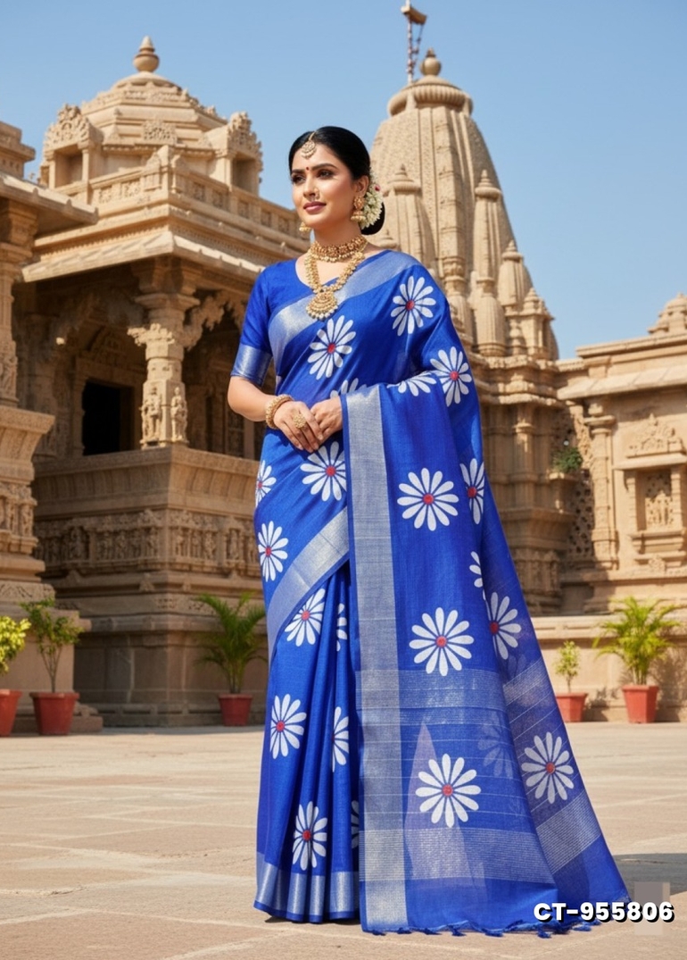Traditional linen cotton saree comfort meets traditional flower design - ROYAL BLUE
