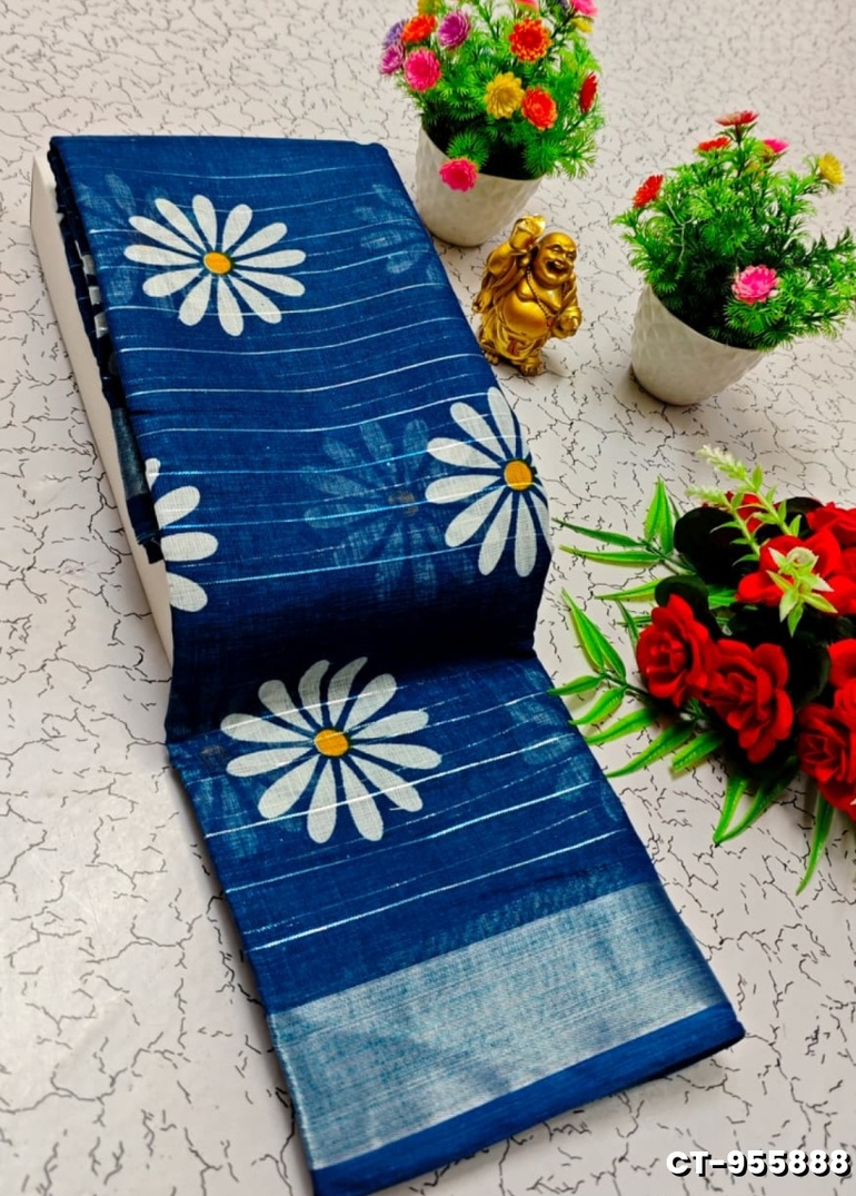 Traditional linen cotton saree comfort meets traditional flower design - PEACKOK BLUE