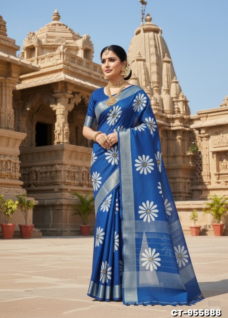 Traditional linen cotton saree comfort meets traditional flower design - PEACKOK BLUE