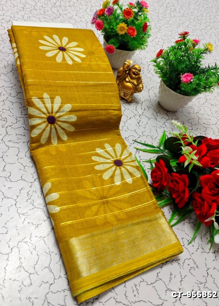 Traditional linen cotton saree comfort meets traditional flower design - VENTHAYA COLOUR
