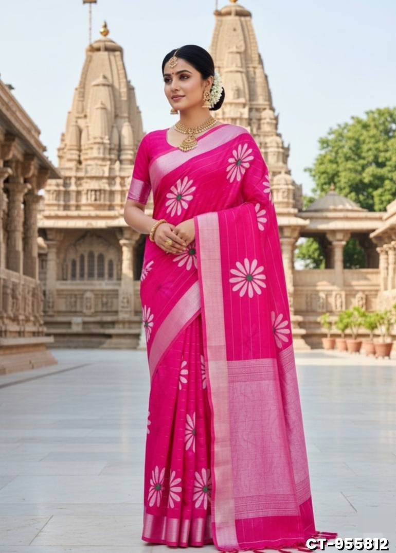 Traditional linen cotton saree comfort meets traditional flower design - PINK