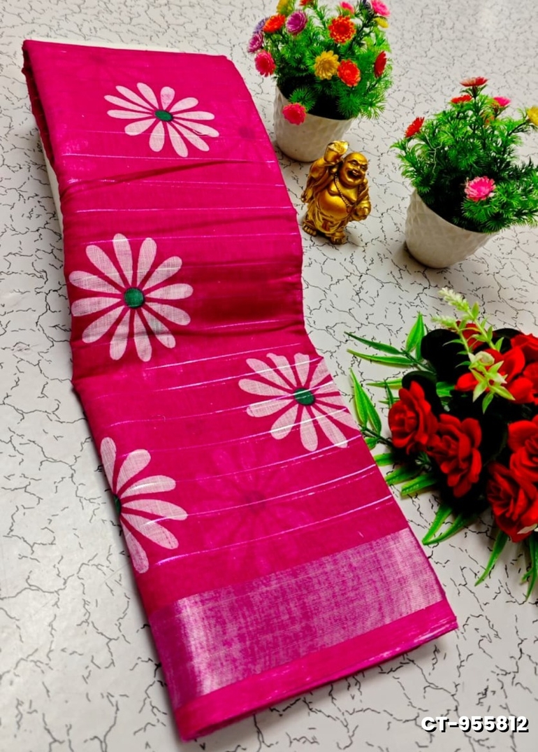 Traditional linen cotton saree comfort meets traditional flower design - PINK