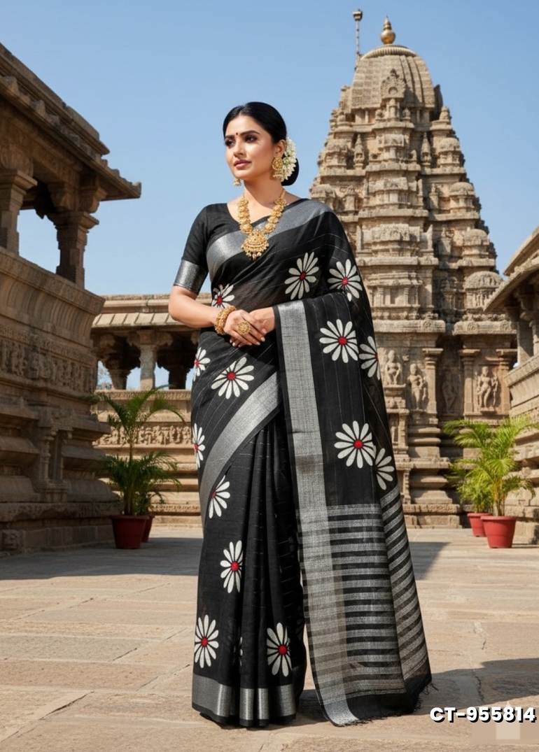 Traditional linen cotton saree comfort meets traditional flower design - BLACK