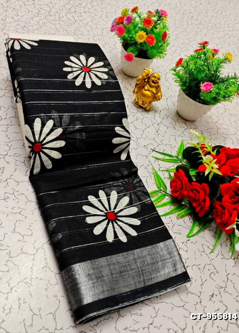 Traditional linen cotton saree comfort meets traditional flower design - BLACK