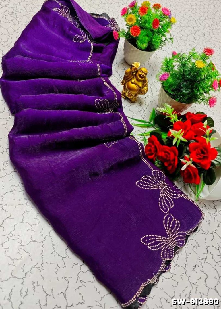 Butterfly Celestial  grace stone work space silk Royal design  modern fancy item saree - BRINJAL COLOUR