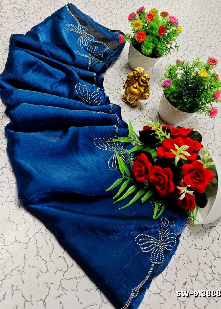 Butterfly Celestial  grace stone work space silk Royal design  modern fancy item saree - PEACKOK BLUE