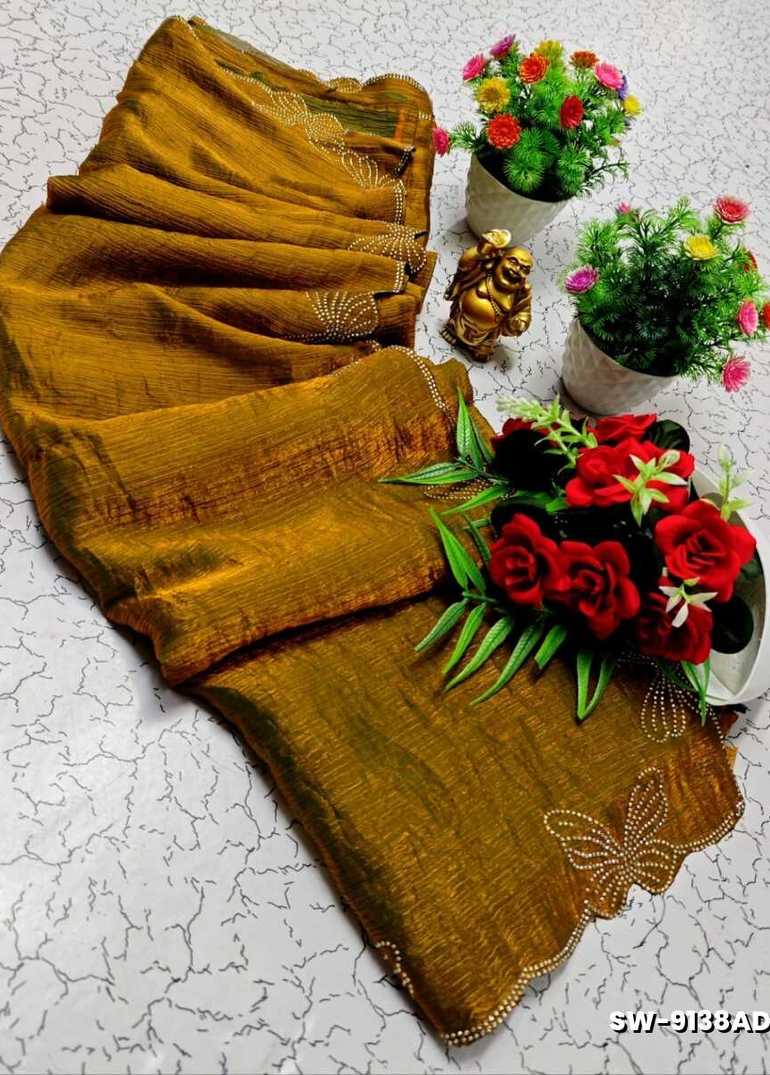 Butterfly Celestial  grace stone work space silk Royal design  modern fancy item saree - DARK GOLD