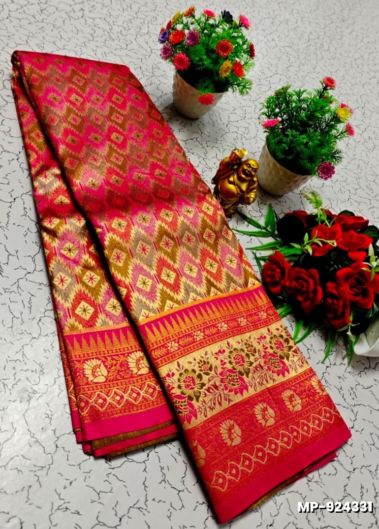 Bridal silk gold silvar and copper zari weave and wedding art silk suba muhurtha pattu sarees - DARK PINK