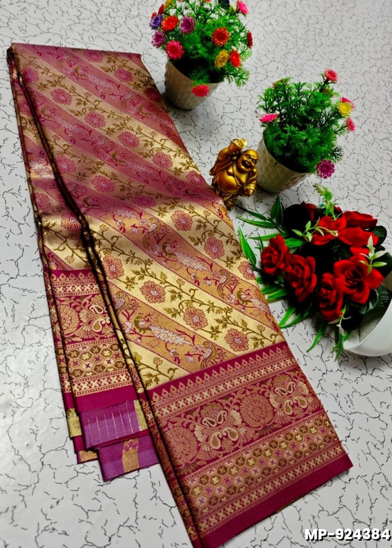 Bridal silk gold silvar and copper zari weave and wedding art silk suba muhurtha pattu sarees - WINE COLOUR