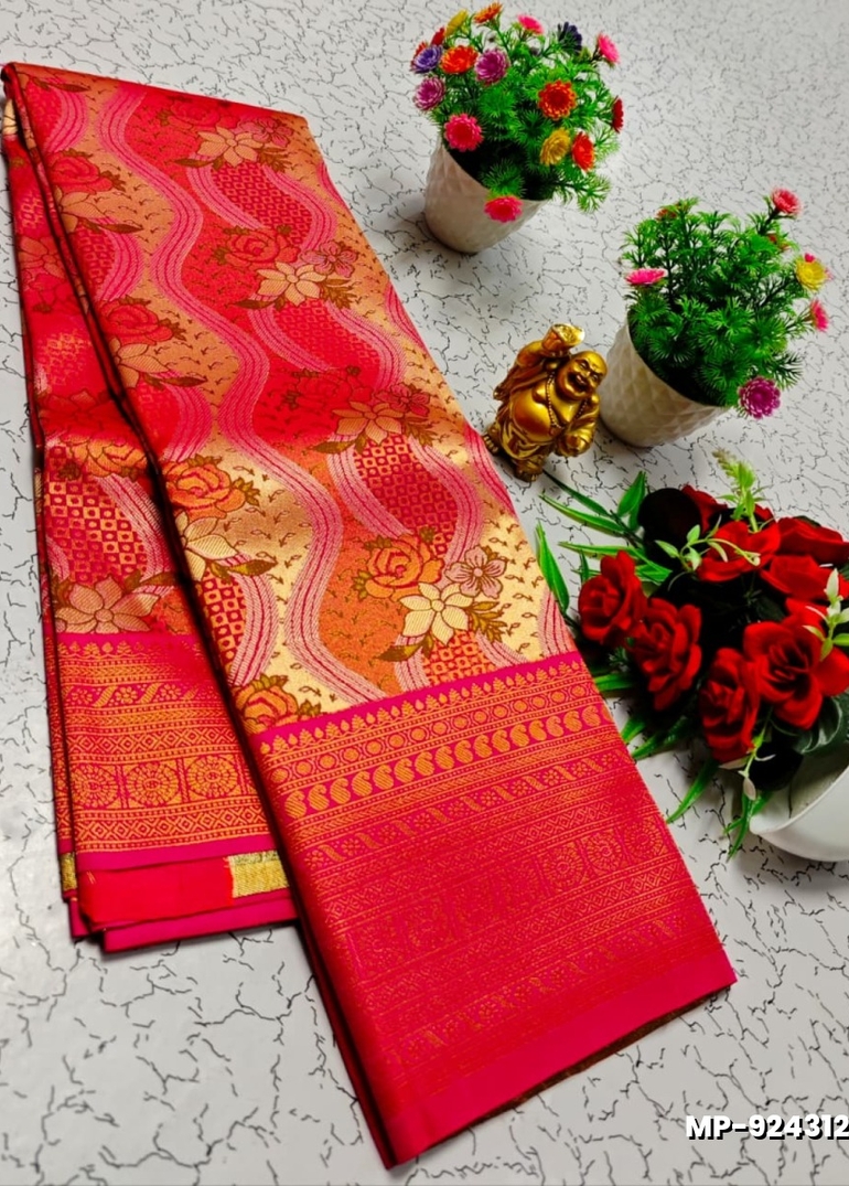Bridal silk gold silvar and copper zari weave and wedding art silk suba muhurtha pattu sarees - PINK