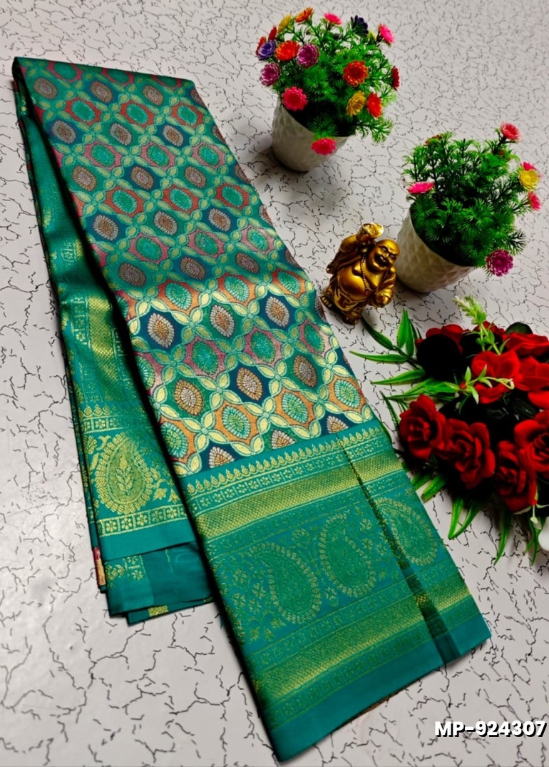 Bridal silk gold silvar and copper zari weave and wedding art silk suba muhurtha pattu sarees - TEAL COLOUR