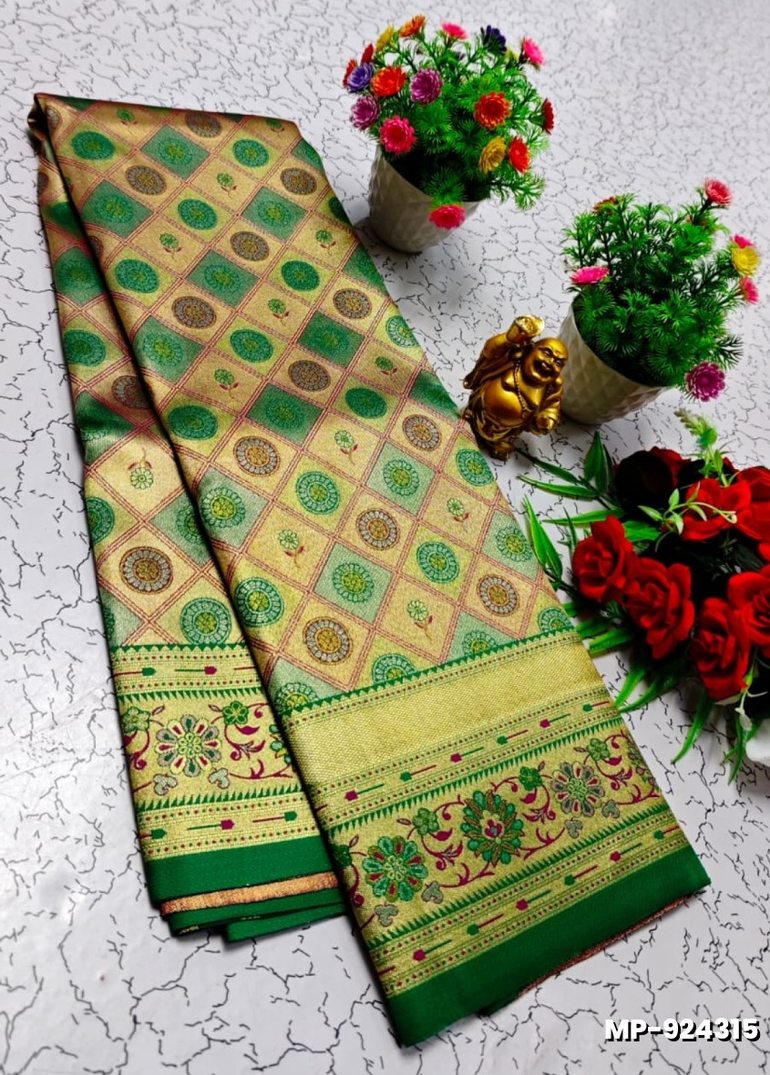 Bridal silk gold silvar and copper zari weave and wedding art silk suba muhurtha pattu sarees - GREEN (1)
