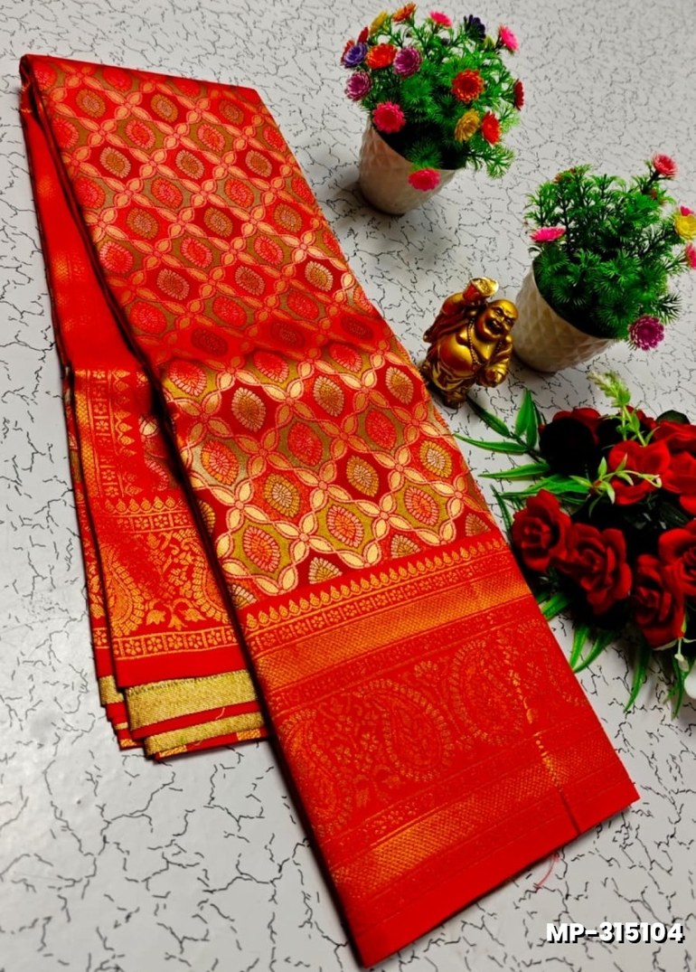 Bridal silk gold silvar and copper zari weave and wedding art silk suba muhurtha pattu sarees - RED