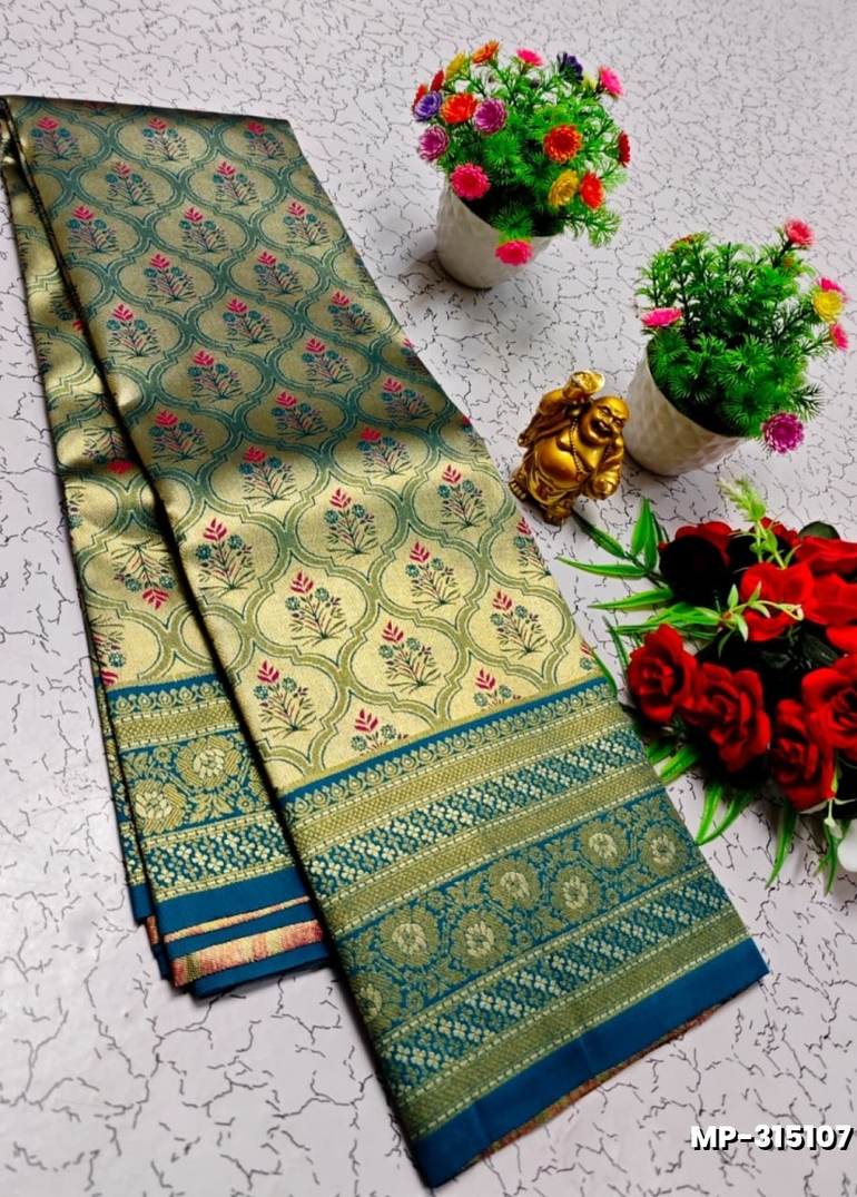 Bridal silk gold silvar and copper zari weave and wedding art silk suba muhurtha pattu sarees - TEAL COLOUR (1)