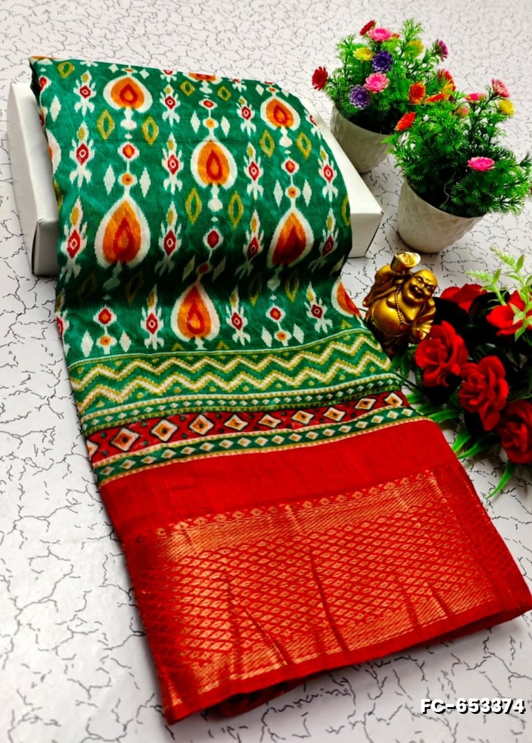 Fancy Print  Office Wear Cotton Sarees All Over Body Poo Design Premium Look lightweight Comfortable Wear - EMERALD COLOUR (1)