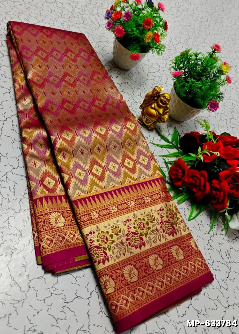 Bridal silk gold silvar and copper zari weave and wedding art silk suba muhurtha pattu sarees - WINE COLOUR (2)