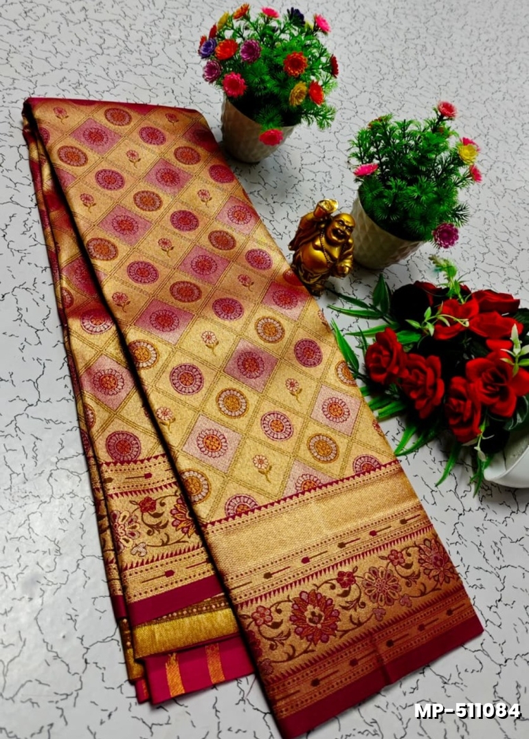 Bridal silk gold silvar and copper zari weave and wedding art silk suba muhurtha pattu sarees - WINE COLOUR (3)