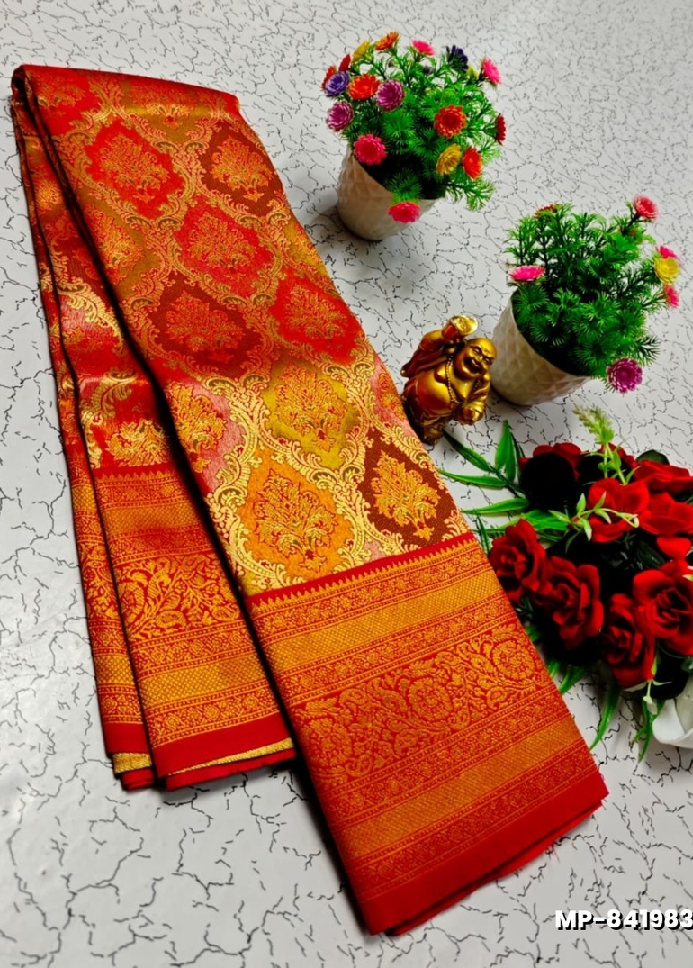 Bridal silk gold silvar and copper zari weave and wedding art silk suba muhurtha pattu sarees - TOMATO COLOUR