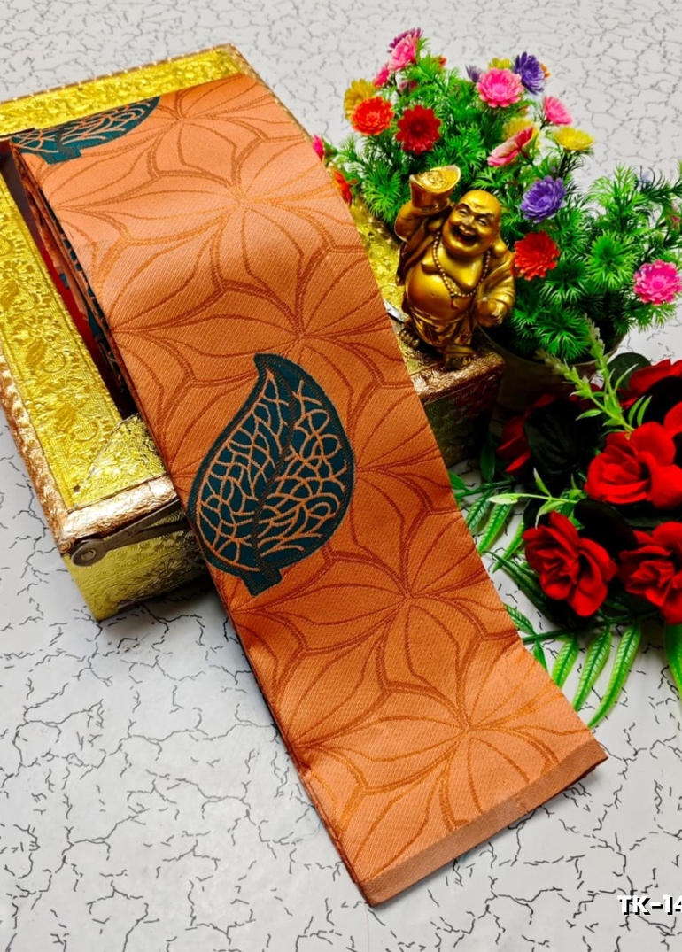 Kubera borderless elite bridal rapier fancy light weight silk type sarees function wear - LIGHT ORANGE