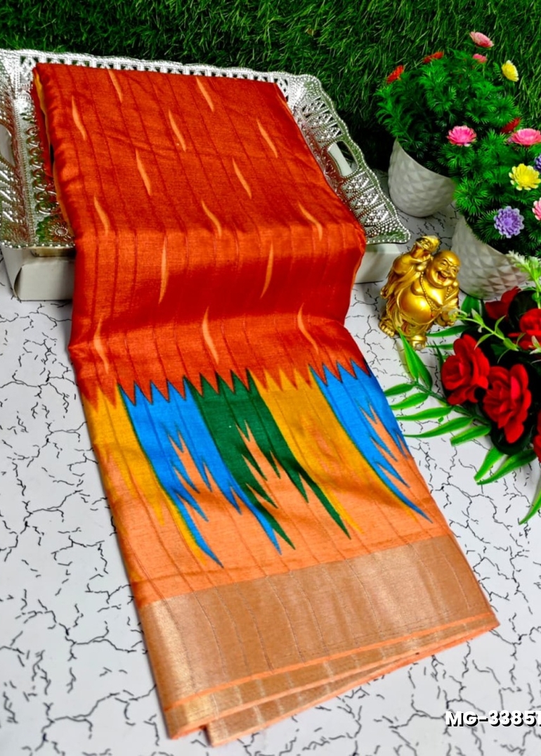 Traditional Look Malgudi Silk Saree Lightweight Silk Blend Sare - ORANGE