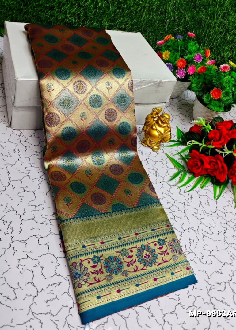 Bridal silk gold silvar and copper zari weave and wedding art silk suba muhurtha pattu sarees - PEACOCK GREEN