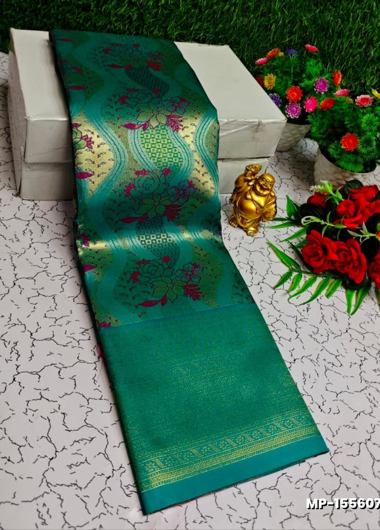 Bridal silk gold silvar and copper zari weave and wedding art silk suba muhurtha pattu sarees - TEAL COLOUR (3)