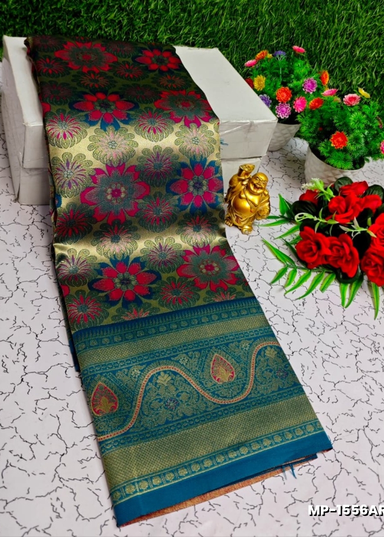 Bridal silk gold silvar and copper zari weave and wedding art silk suba muhurtha pattu sarees - PEACOCK GREEN (1)