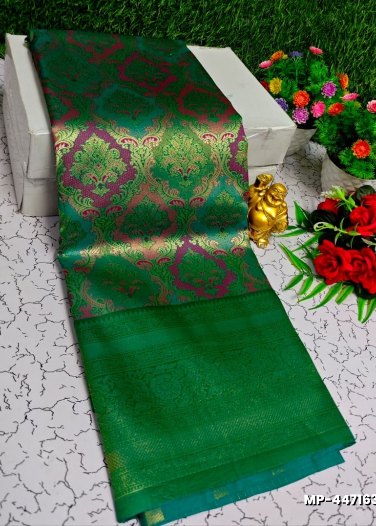 Bridal silk gold silvar and copper zari weave and wedding art silk suba muhurtha pattu sarees - GREEN COLOUR (2)