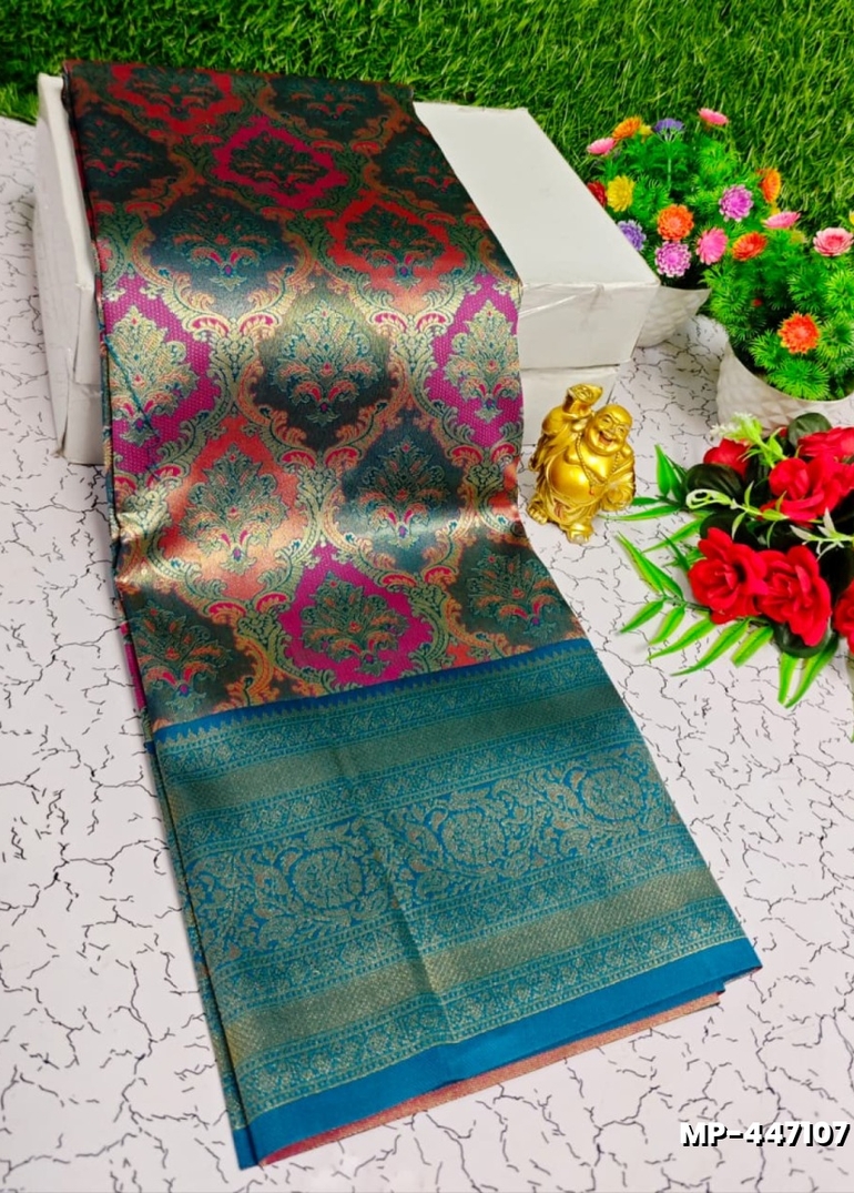 Bridal silk gold silvar and copper zari weave and wedding art silk suba muhurtha pattu sarees - TEAL COLOUR (4)