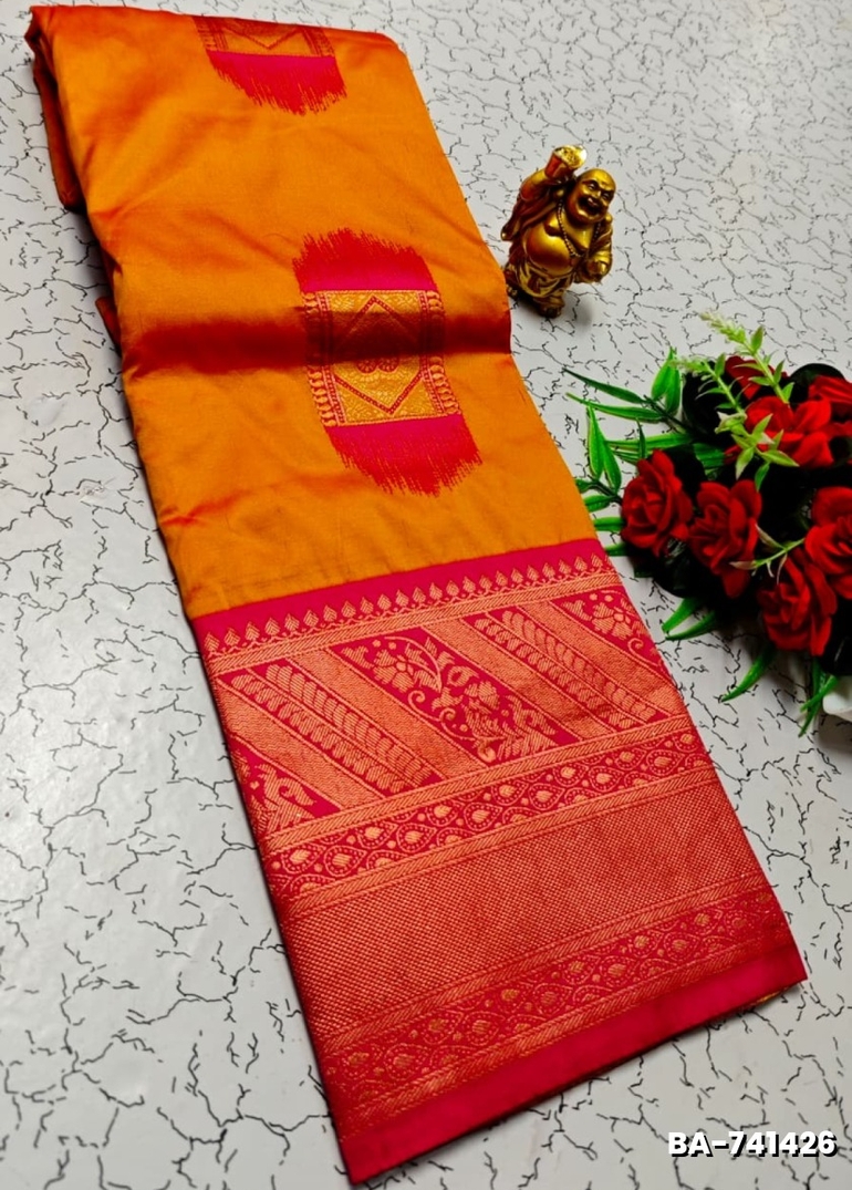 1000 Butta premium Soft Silk Saree weddings, festivals, traditional Wear - ORANGE N