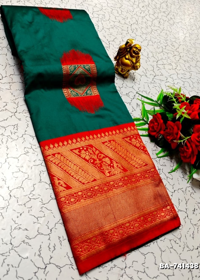 1000 Butta premium Soft Silk Saree weddings, festivals, traditional Wear - DARK GREEN