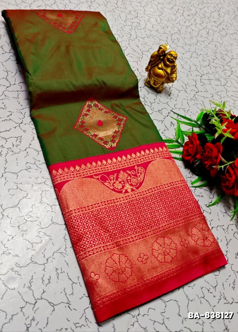1000 Butta premium Soft Silk Saree weddings, festivals, traditional Wear - MEHENDHI GREEN (1)