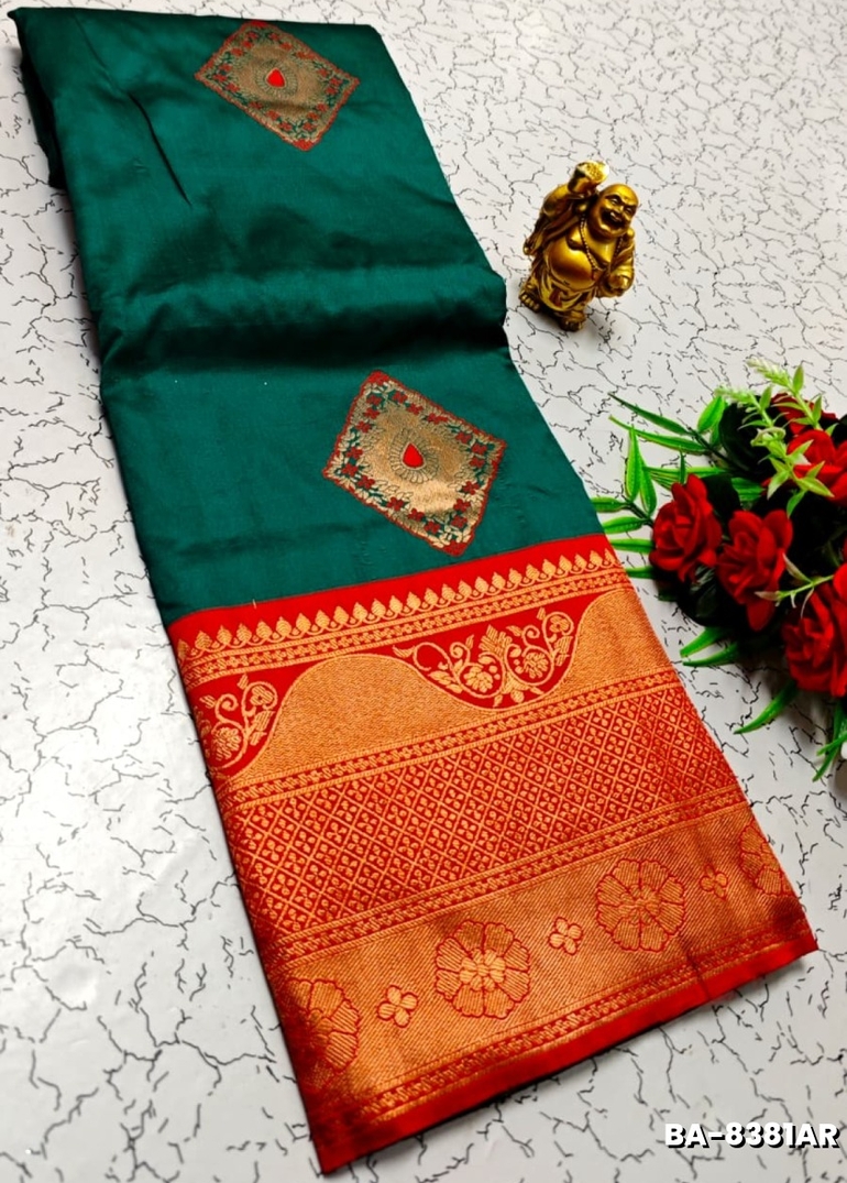 1000 Butta premium Soft Silk Saree weddings, festivals, traditional Wear - PEACOCK GREEN (2)
