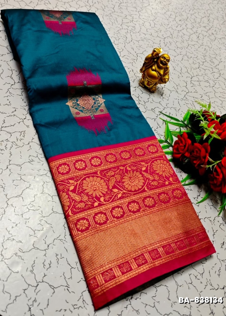 1000 Butta premium Soft Silk Saree weddings, festivals, traditional Wear - PEACOCK BLUE