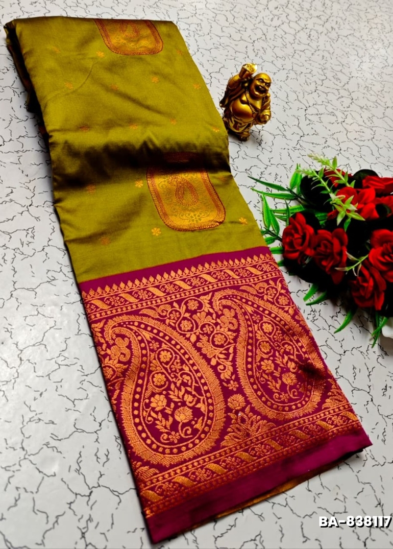1000 Butta premium Soft Silk Saree weddings, festivals, traditional Wear - OLIVE GREEN (2)