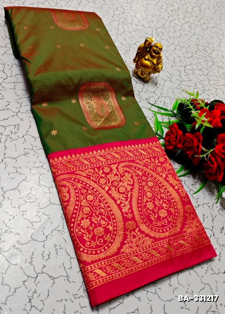 1000 Butta premium Soft Silk Saree weddings, festivals, traditional Wear - OLIVE GREEN (3)