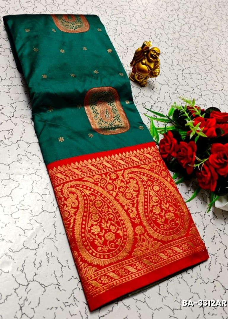 1000 Butta premium Soft Silk Saree weddings, festivals, traditional Wear - PEACOCK GREEN (3)