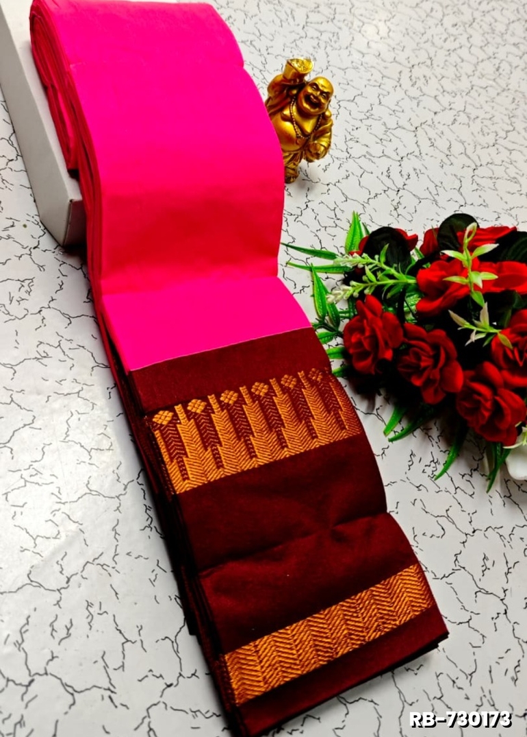 Lightweight Plain Cotton Saree with Retta Petta Zari Border - RUBY COLOUR (1)