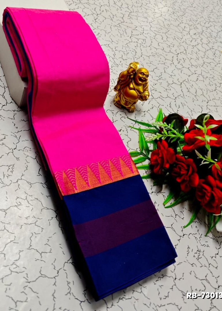 Lightweight Plain Cotton Saree with Retta Petta Zari Border - DARK PINK (1)