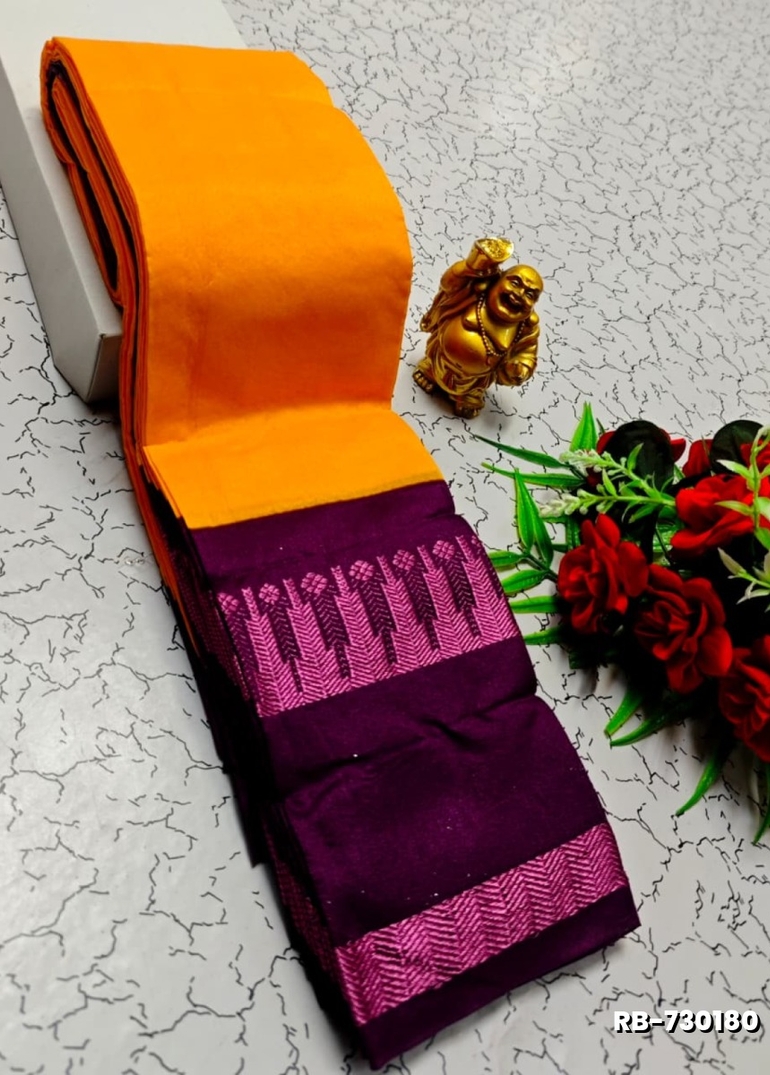 Lightweight Plain Cotton Saree with Retta Petta Zari Border - TANGERINE COLOUR (1)